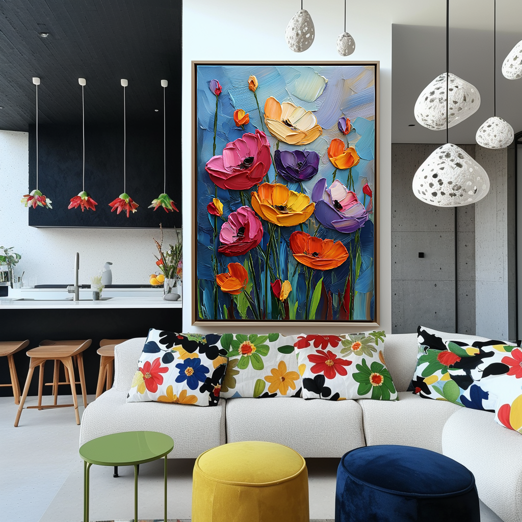 Vivid Bloom – Colorful Textured Flower Oil Painting, Vibrant Floral Wall Art for Home Decoration