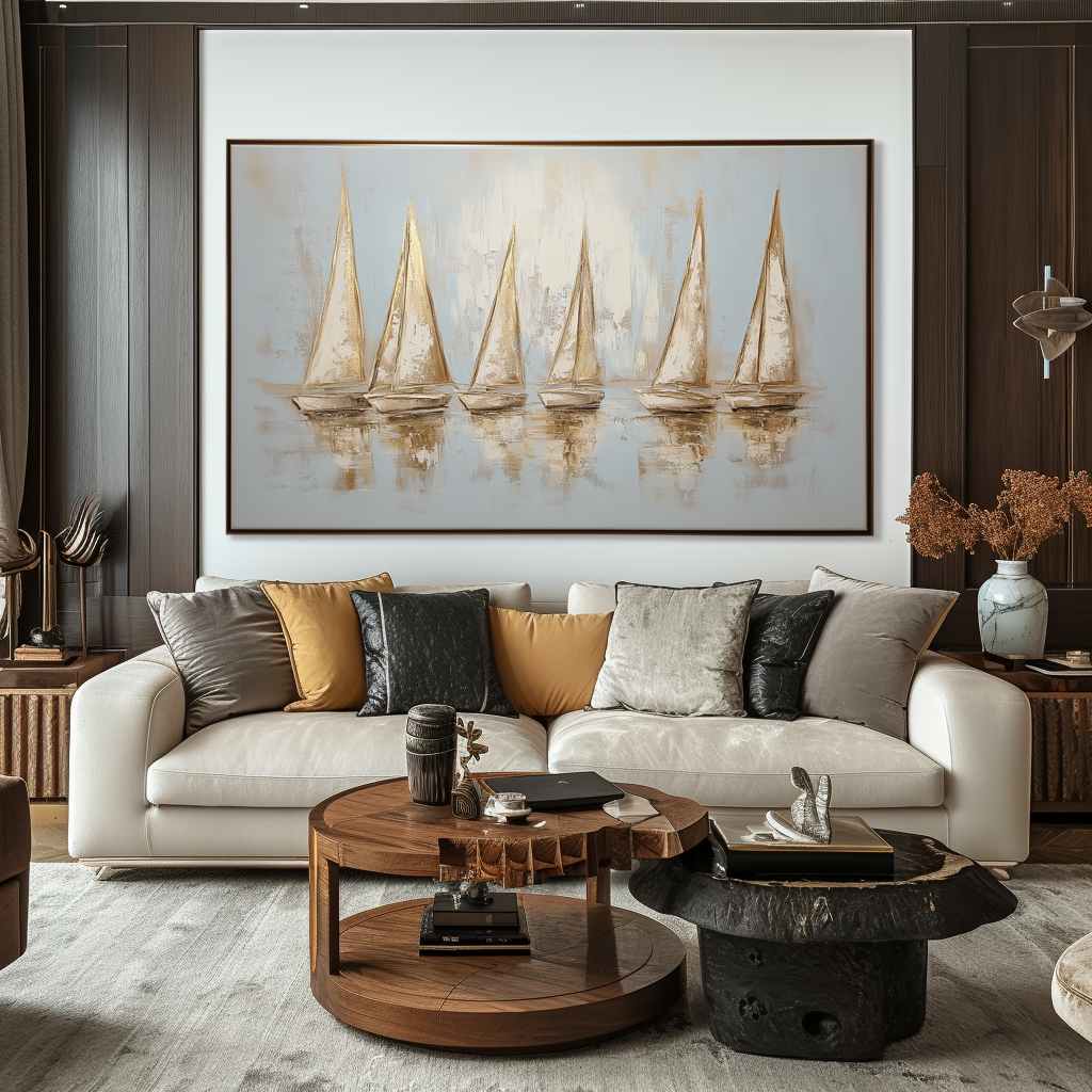 Golden Regatta – Abstract Textured Sailing Boats Oil Painting: Serene Water Reflection Art for Home Decoration