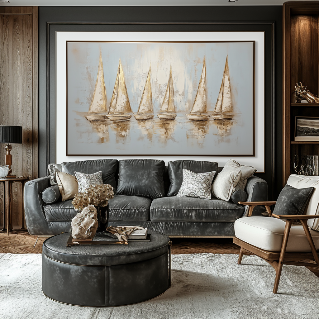 Golden Regatta – Abstract Textured Sailing Boats Oil Painting: Serene Water Reflection Art for Home Decoration
