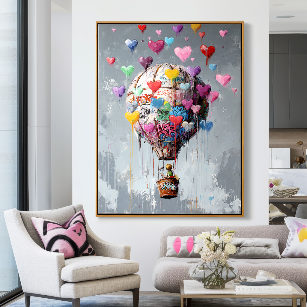 Hot air balloon painting with colorful hearts and a child floating in the sky