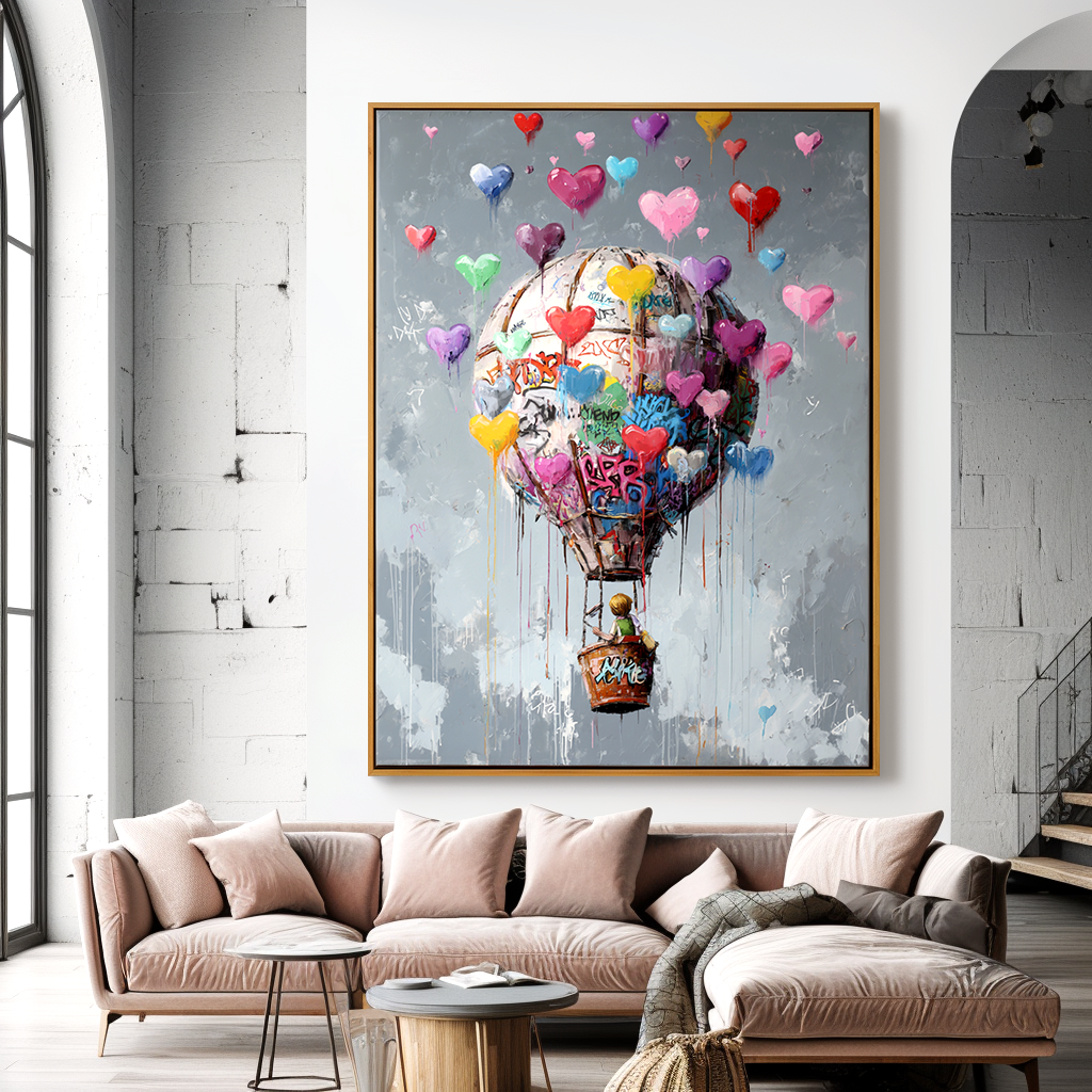 Hot air balloon painting with colorful hearts and a child floating in the sky
