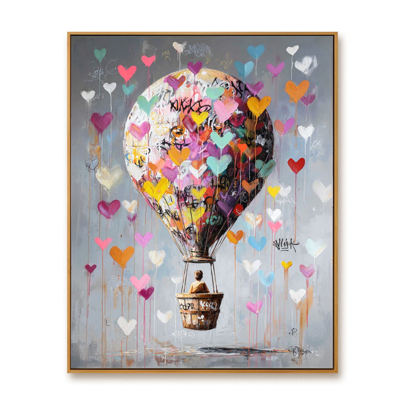 Hot air balloon painting with colorful hearts floating in a gray sky