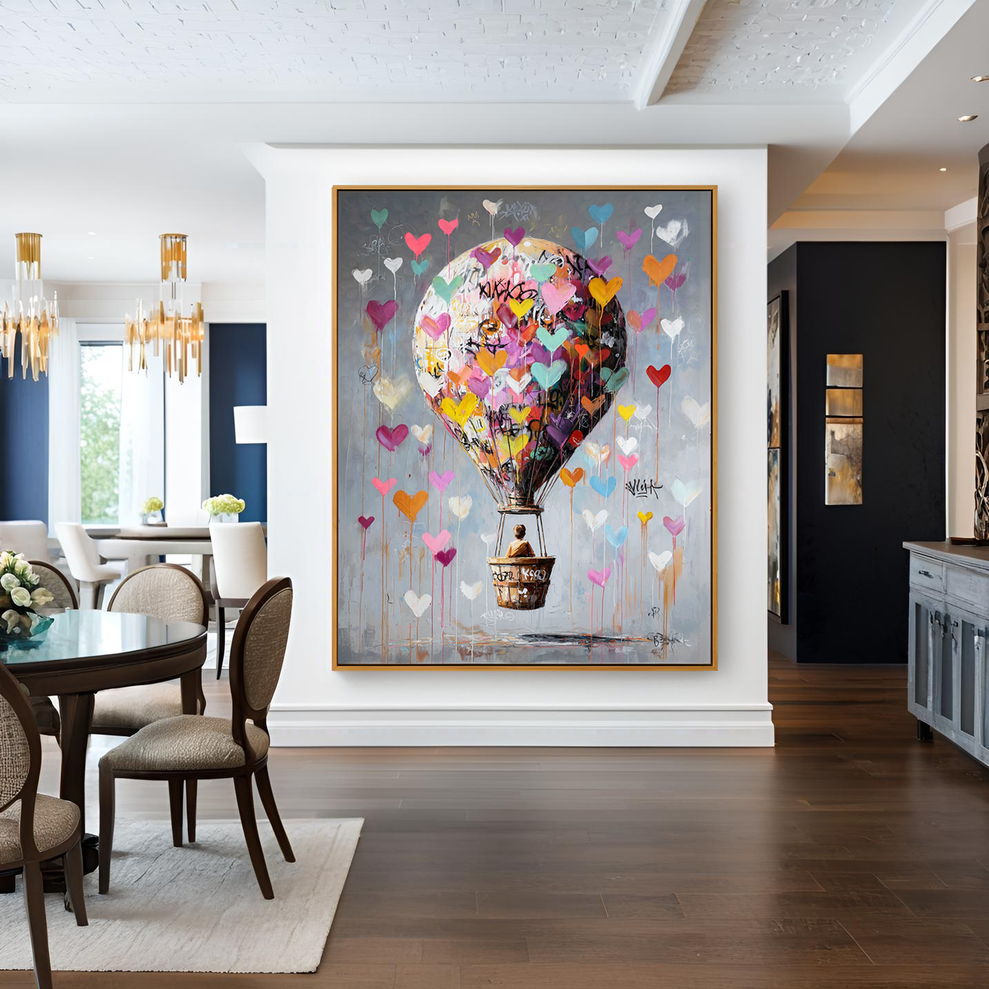 Hot air balloon painting with colorful hearts floating in a gray sky