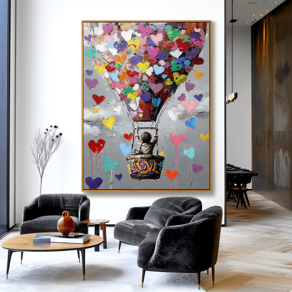 Colorful hot air balloon painting with hearts and a child floating in the sky