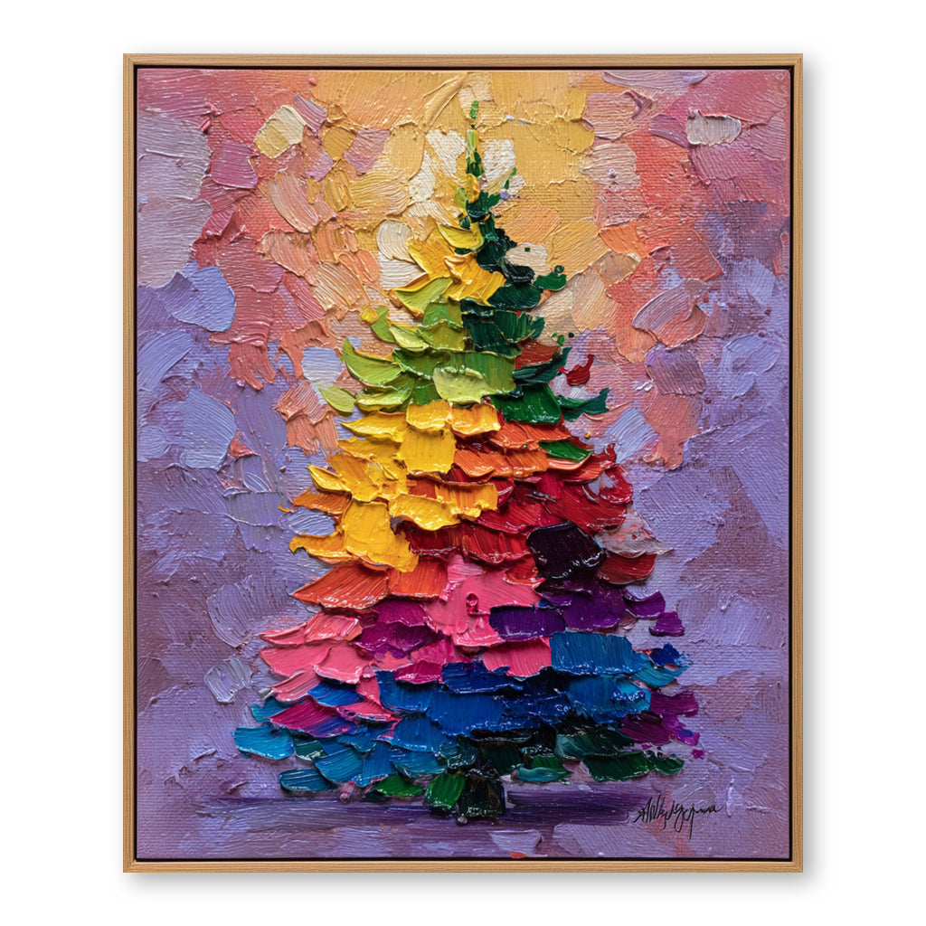 Aurora Christmas - Rainbow Holiday Tree Oil Painting, Festive Textured Canvas Wall Art