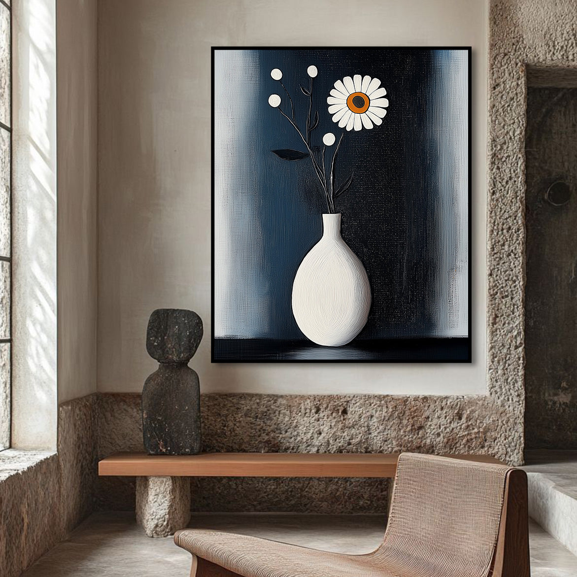 Bloom in the Stillness - Minimal Daisy Oil Painting Modern Floral Wall Art