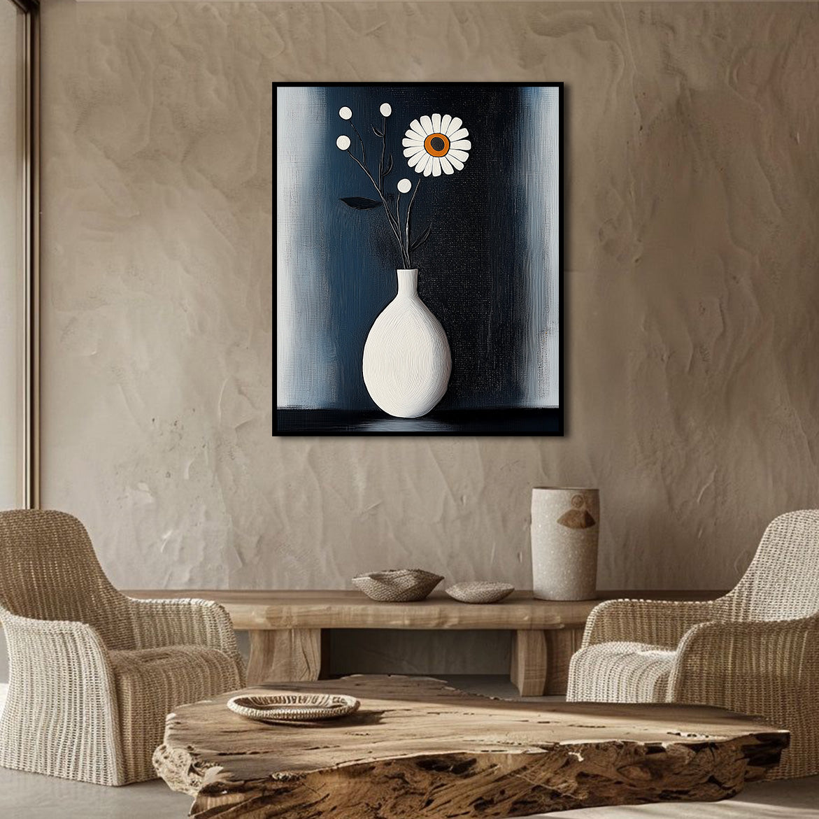 Bloom in the Stillness - Minimal Daisy Oil Painting Modern Floral Wall Art