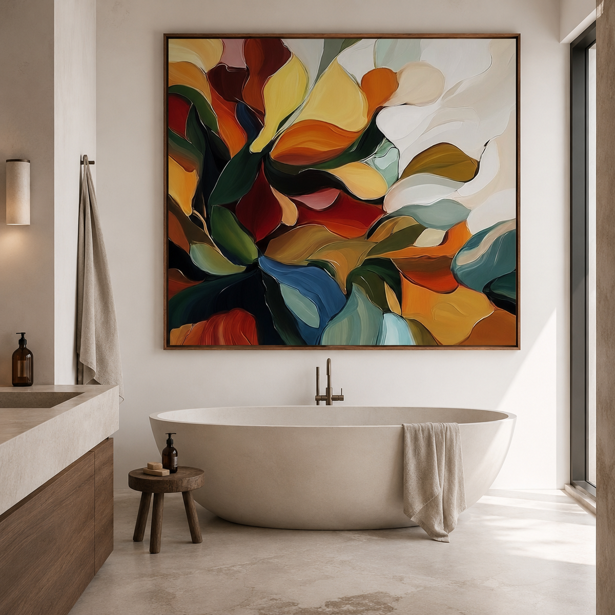 Blooming Essence - Colorful Abstract Floral Oil Painting - Vibrant Multicolor Wall Art, Modern Botanical Decor for Living Room & Bedroom