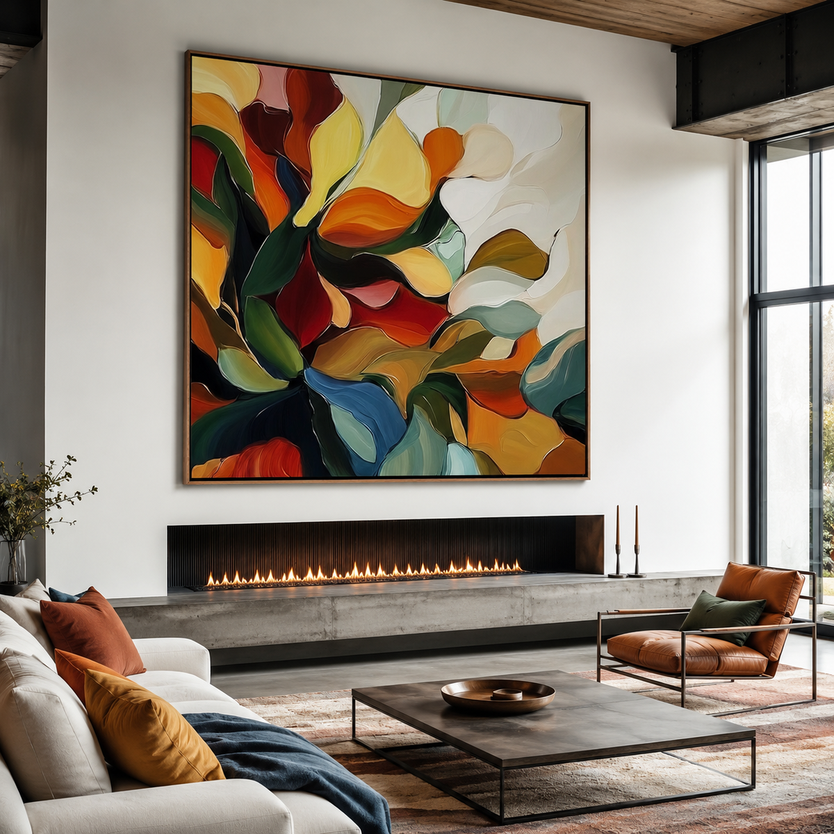 Blooming Essence - Colorful Abstract Floral Oil Painting - Vibrant Multicolor Wall Art, Modern Botanical Decor for Living Room & Bedroom