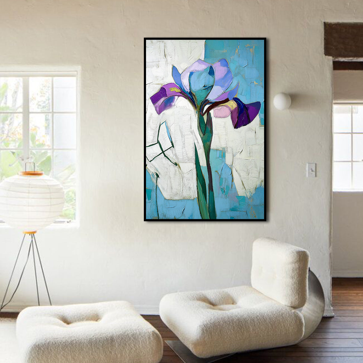 Breathe in Blue - Purple Iris on Abstract Background Textured Minimalist Floral Painting