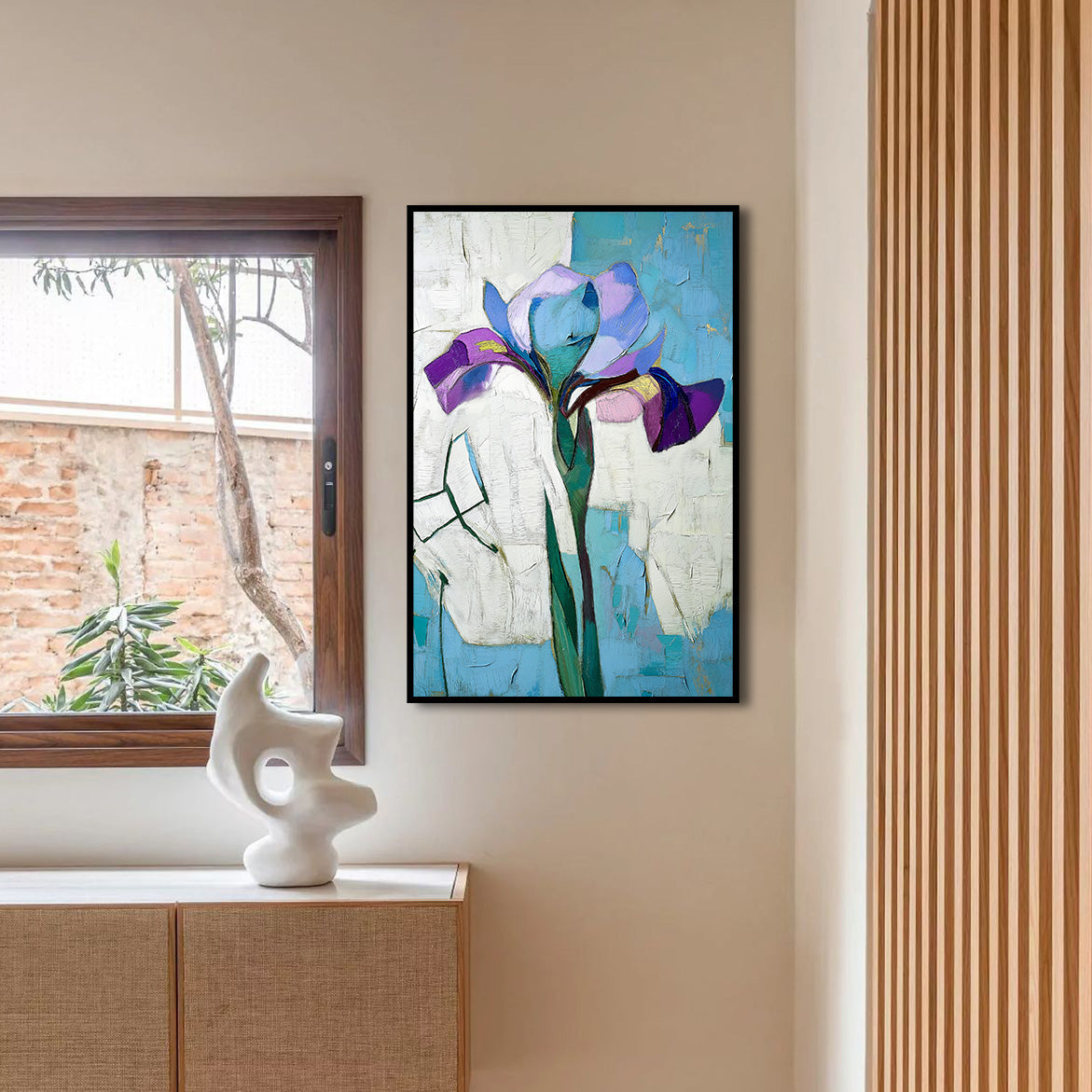 Breathe in Blue - Purple Iris on Abstract Background Textured Minimalist Floral Painting