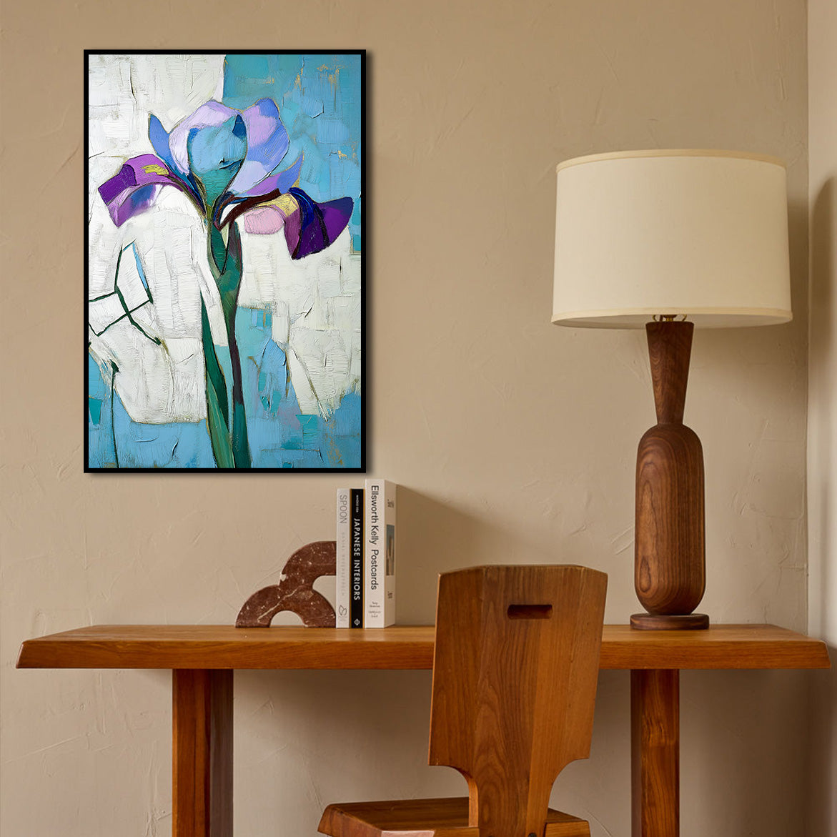 Breathe in Blue - Purple Iris on Abstract Background Textured Minimalist Floral Painting