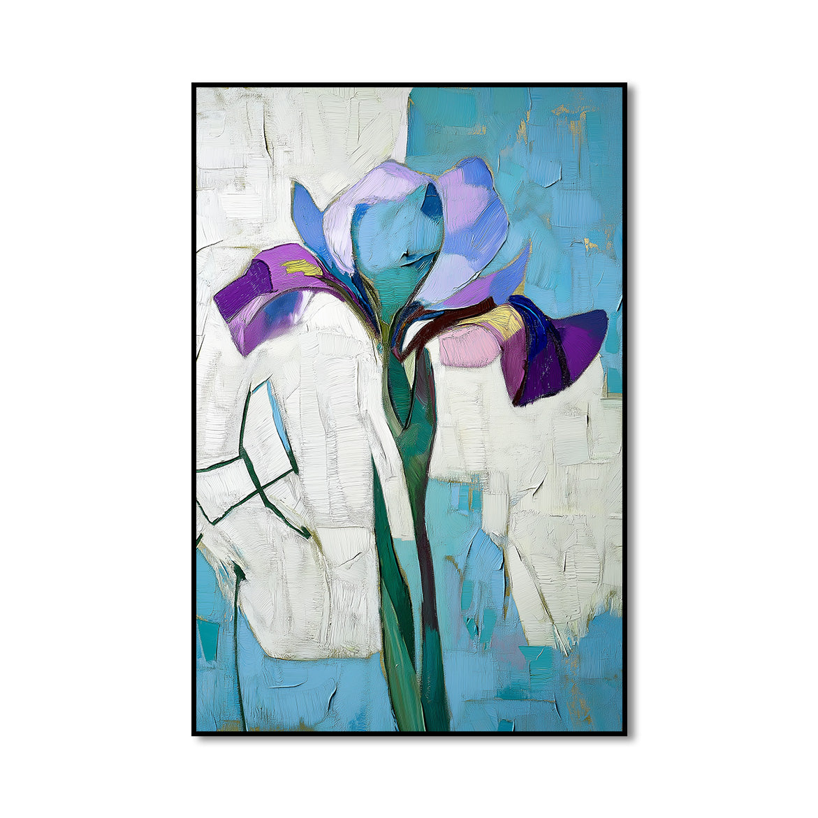 Breathe in Blue - Purple Iris on Abstract Background Textured Minimalist Floral Painting