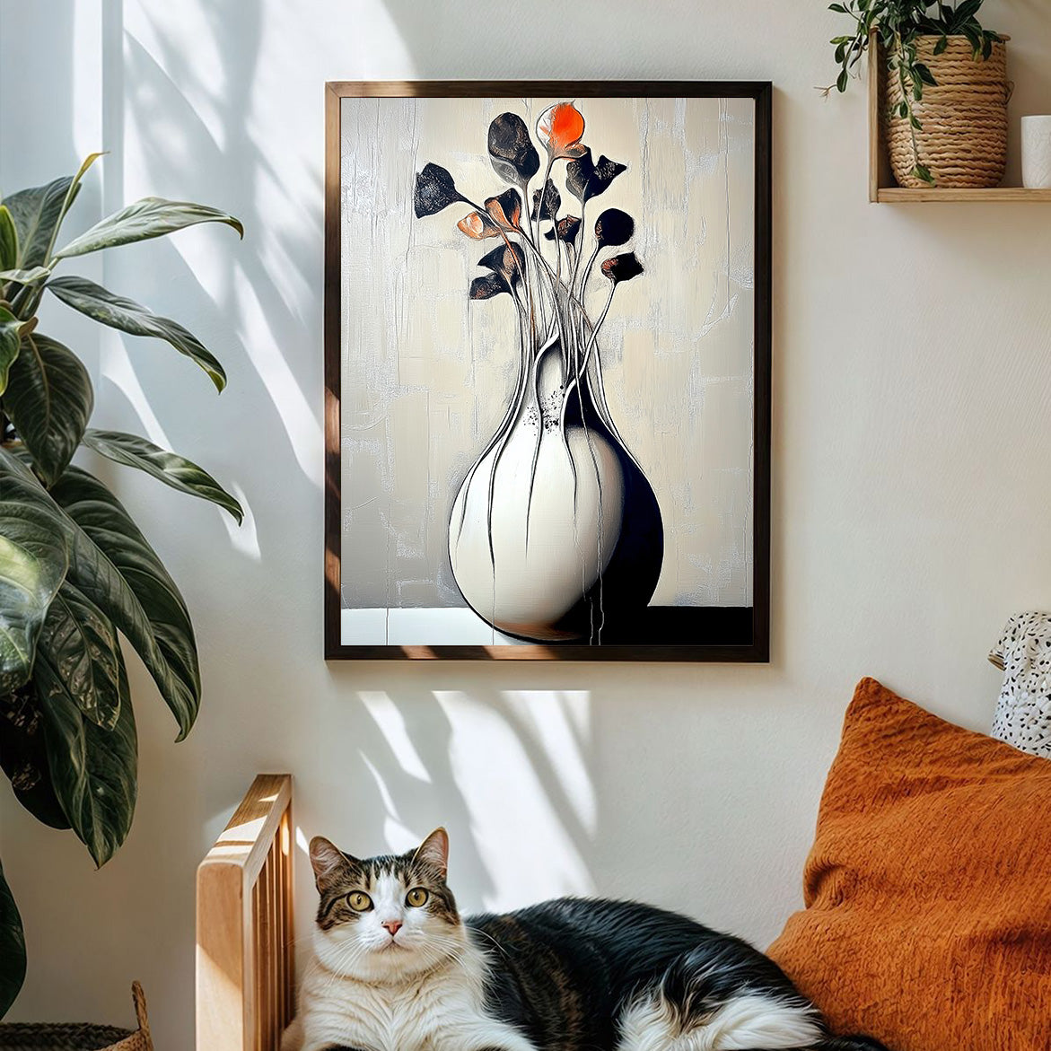 Burning Quiet - Minimalist Abstract Vase Painting Sculptural Floral Still Life Wall Art
