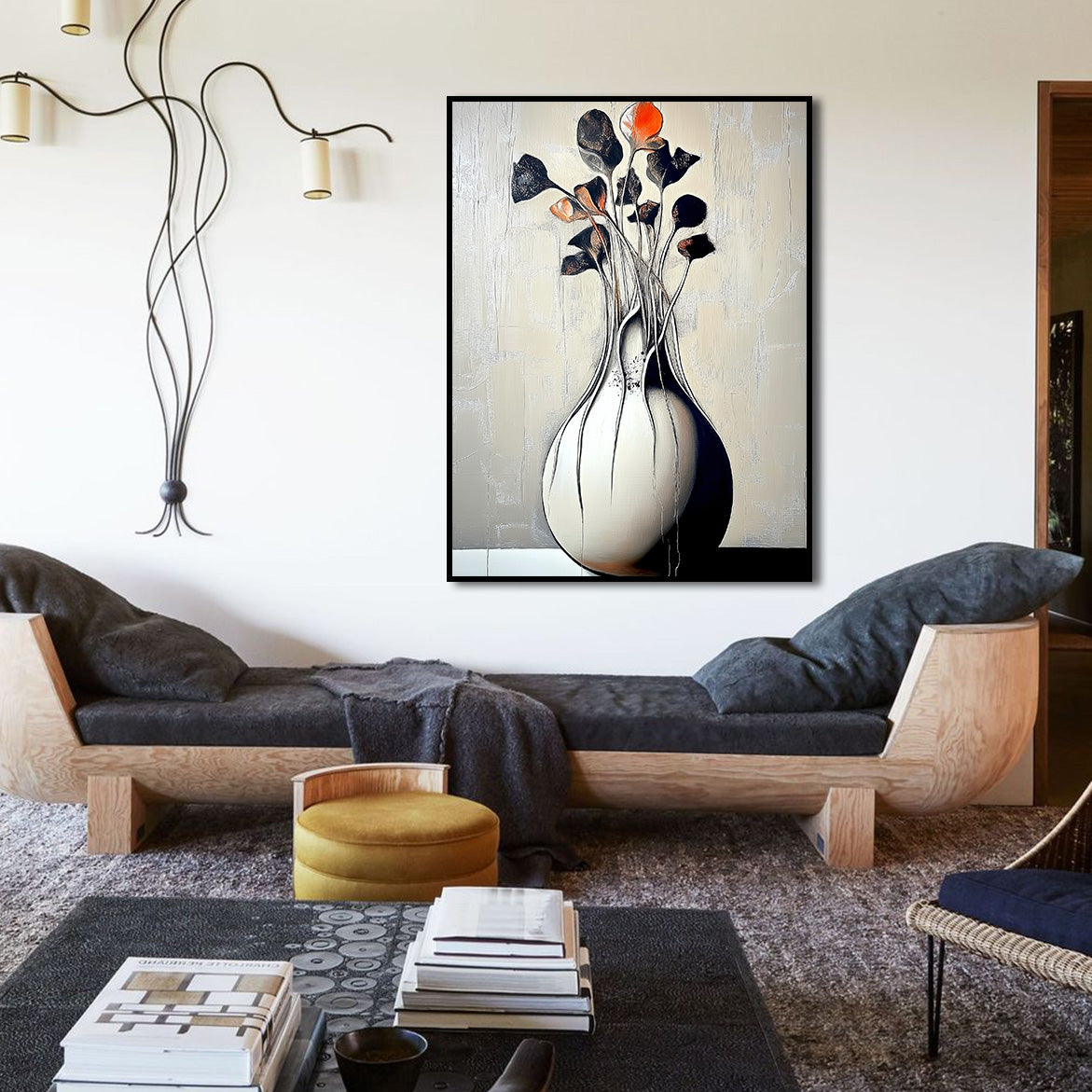Burning Quiet - Minimalist Abstract Vase Painting Sculptural Floral Still Life Wall Art