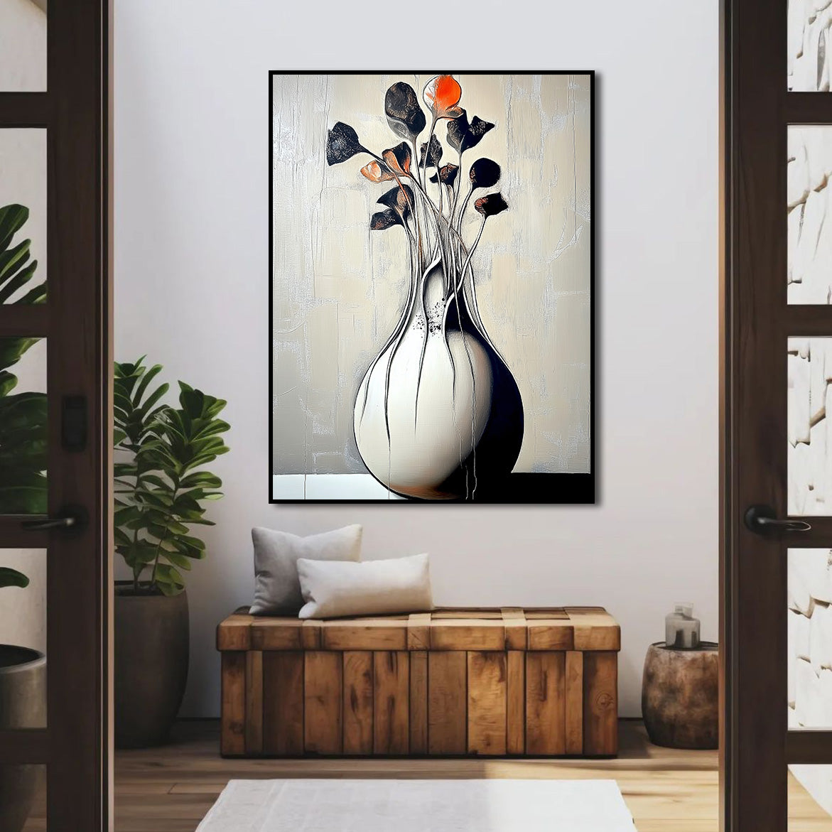 Burning Quiet - Minimalist Abstract Vase Painting Sculptural Floral Still Life Wall Art