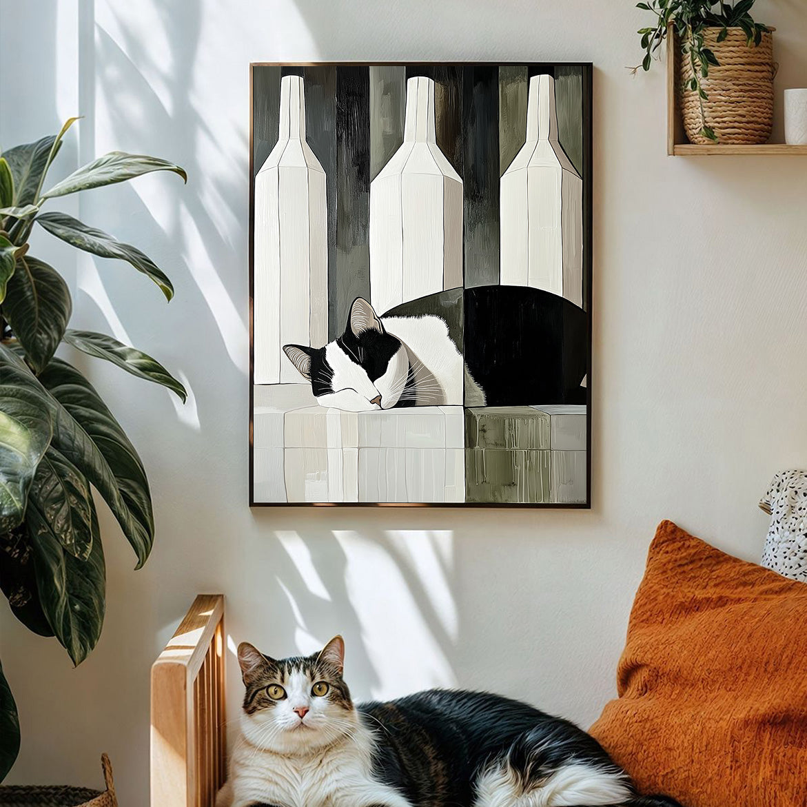 Camoufeline - Minimalist Sleeping Cat Between Bottles Abstract Geometric Animal Art