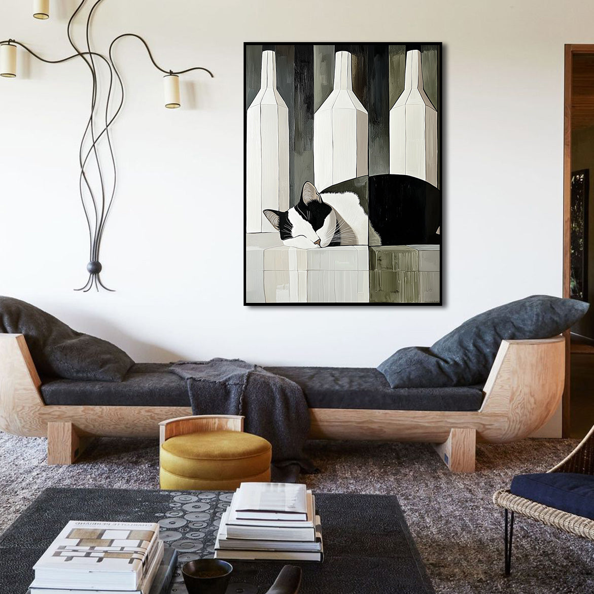 Camoufeline - Minimalist Sleeping Cat Between Bottles Abstract Geometric Animal Art