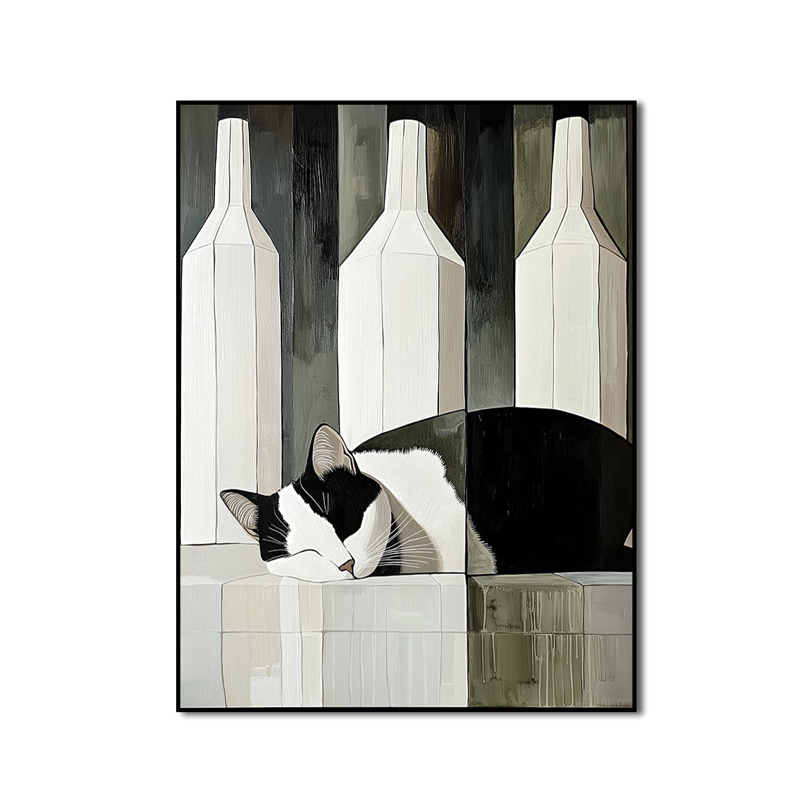 Camoufeline - Minimalist Sleeping Cat Between Bottles Abstract Geometric Animal Art