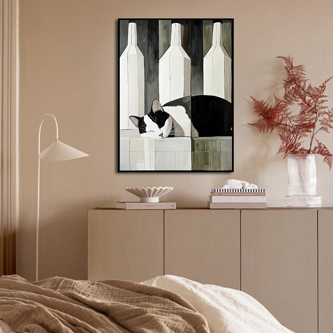 Camoufeline - Minimalist Sleeping Cat Between Bottles Abstract Geometric Animal Art