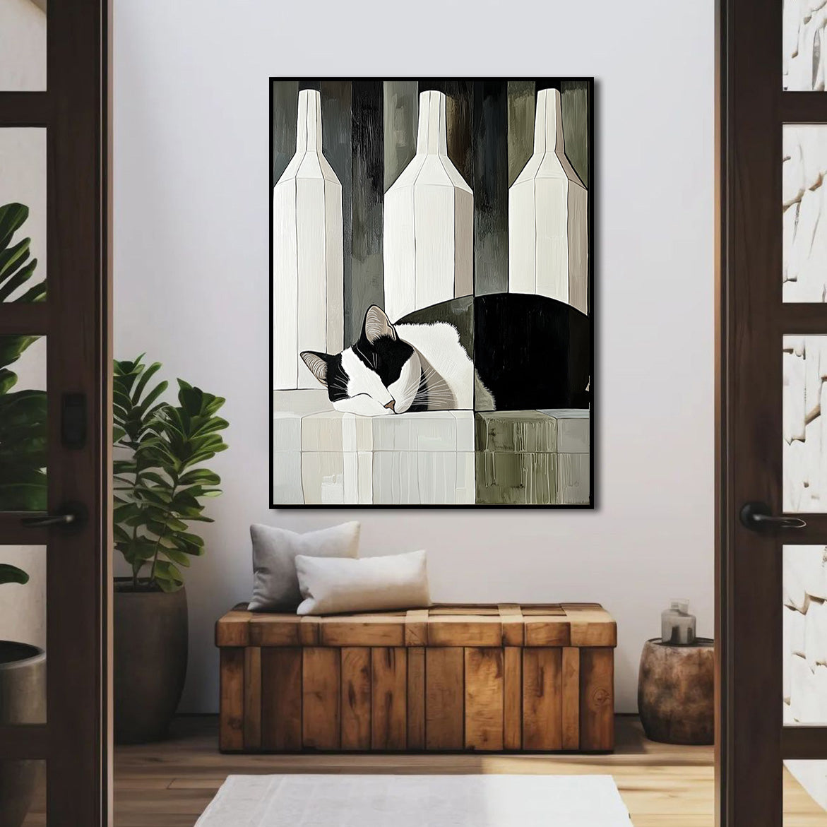 Camoufeline - Minimalist Sleeping Cat Between Bottles Abstract Geometric Animal Art