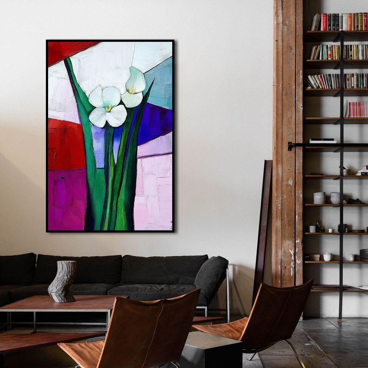 Colorfield Bloom - White Flowers on Geometric Background – Modern Minimalist Floral Wall Art
