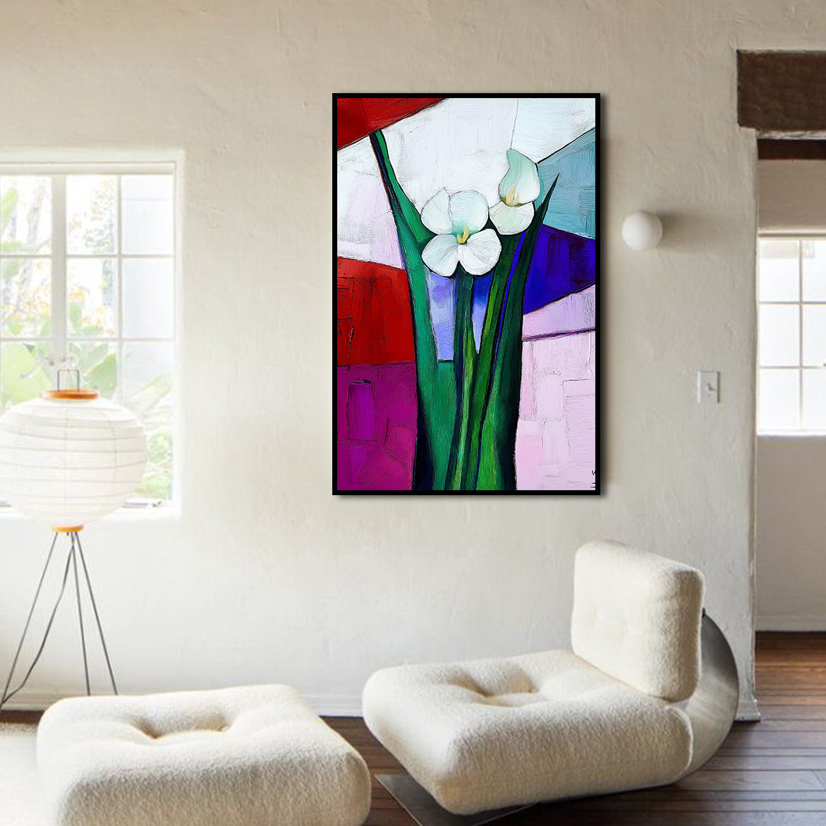 Colorfield Bloom - White Flowers on Geometric Background – Modern Minimalist Floral Wall Art
