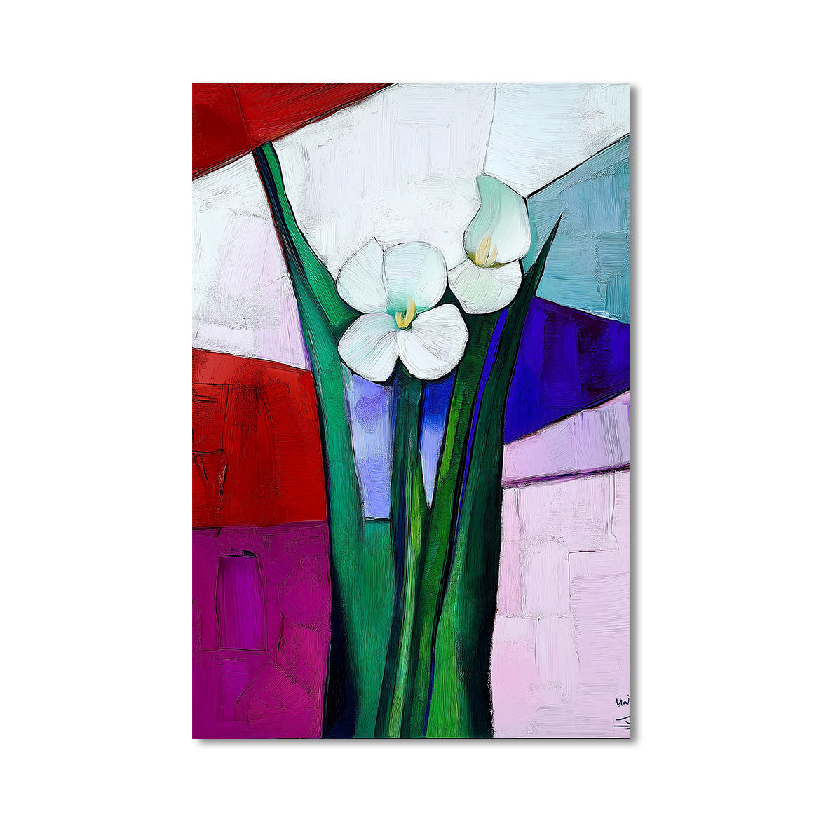 Colorfield Bloom - White Flowers on Geometric Background – Modern Minimalist Floral Wall Art