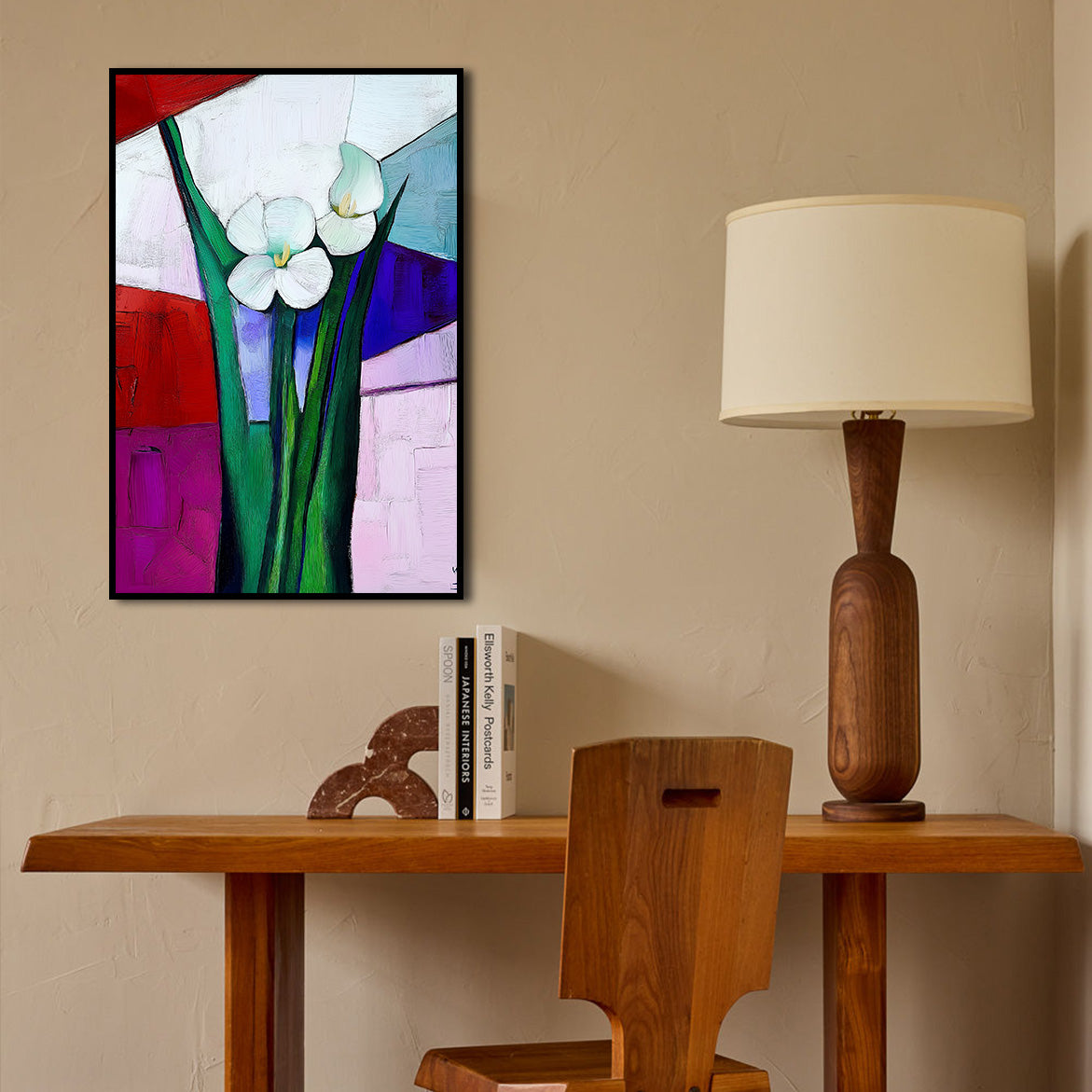 Colorfield Bloom - White Flowers on Geometric Background – Modern Minimalist Floral Wall Art