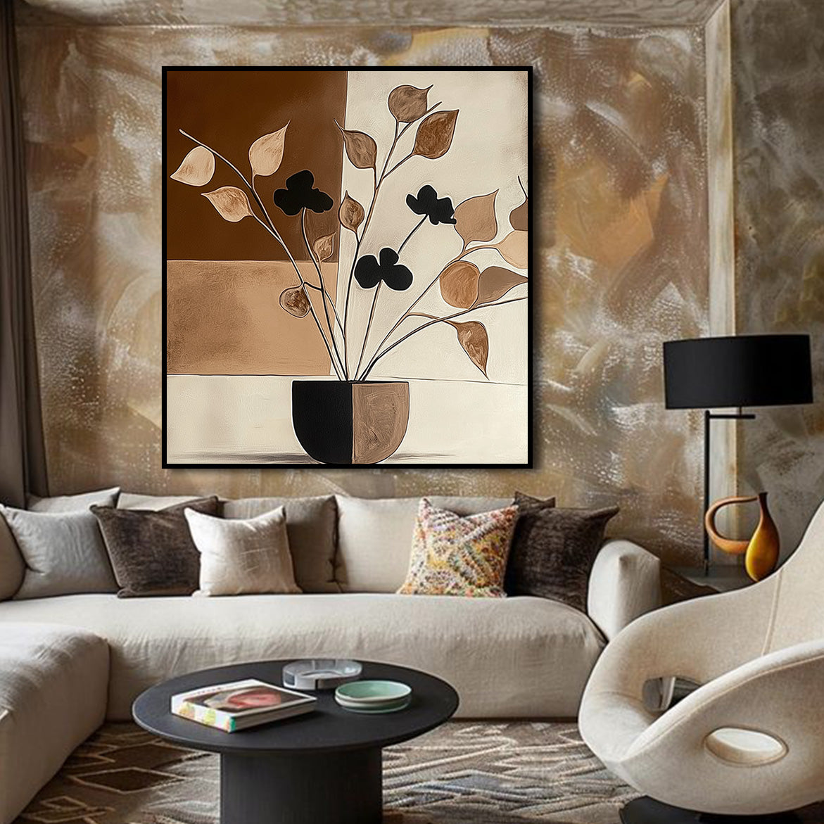 Earthtone Stillness - Abstract Brown Botanical Painting Minimalist Textured Wall Art