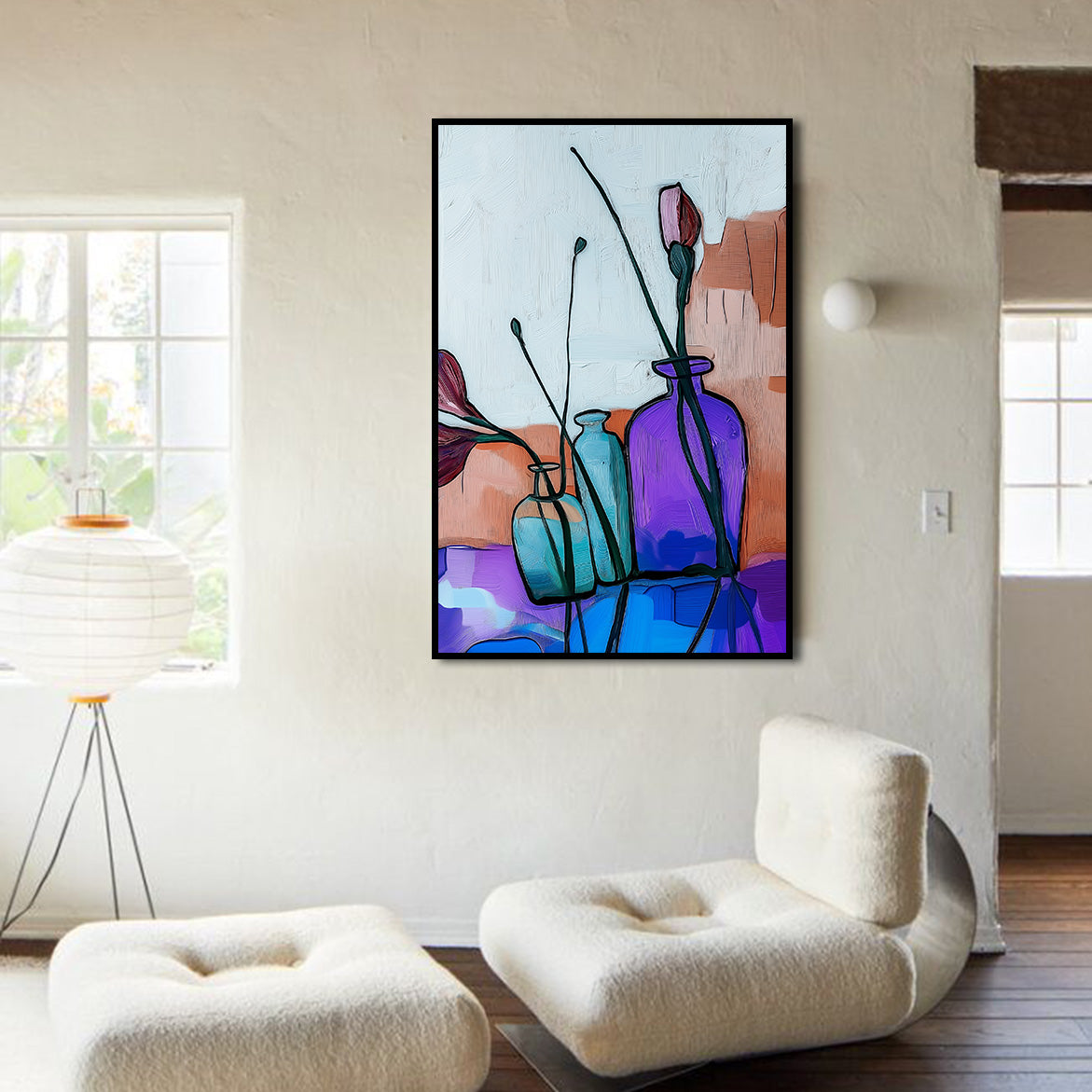 Echo in Glass - Minimalist Floral in Glass Bottles – Abstract Still Life Modern Wall Art