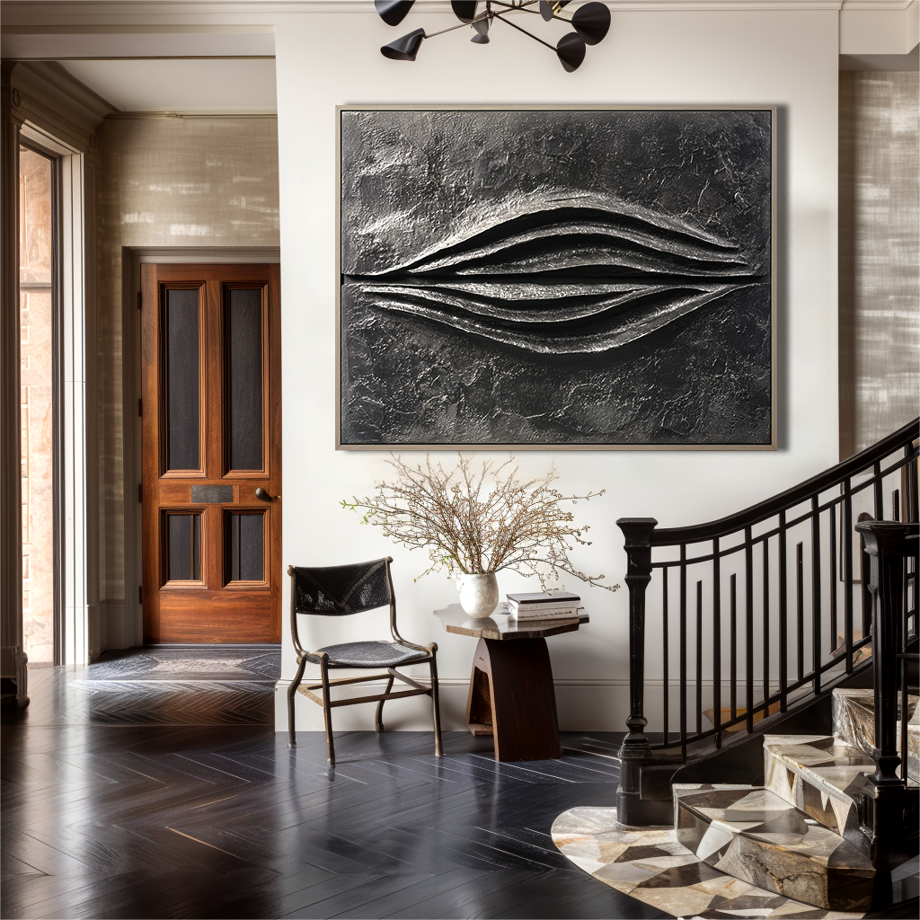 Eclipse Form – Large Textured Black Abstract 3D Canvas Wall Art