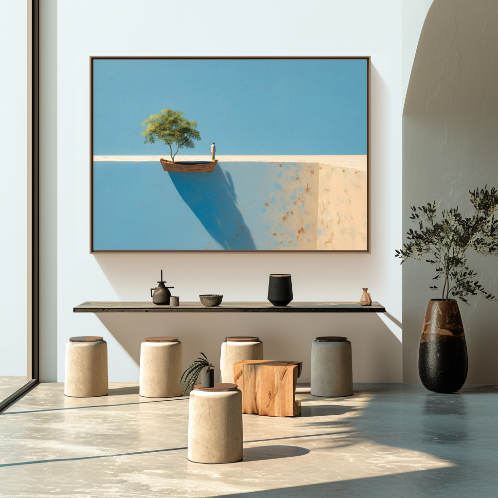 Edge of Stillness – Conceptual Tree and Boat Painting with Long Shadow Minimalist Landscape