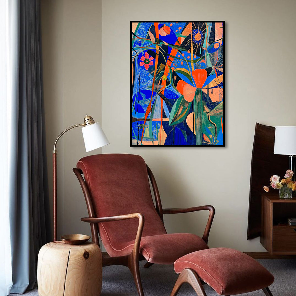 Floral Frequency - Colorful Abstract Floral Painting Bold Blue & Orange Modern Wall Art