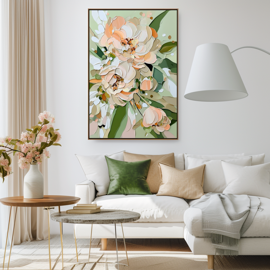 Flourishing Blooms-Soft Peach & Mint Green Peony Painting ,Framed Modern Floral Wall Art