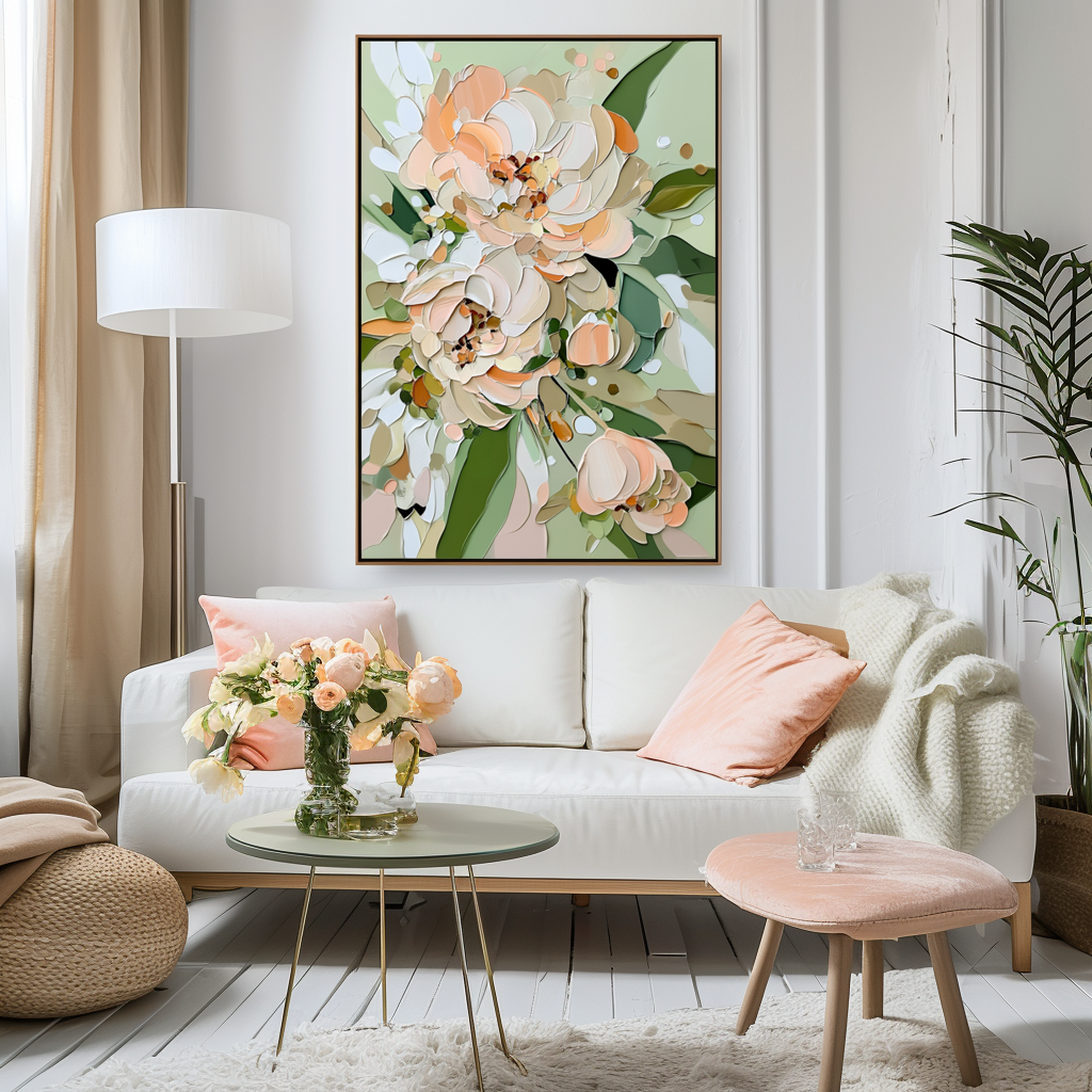 Flourishing Blooms-Soft Peach & Mint Green Peony Painting ,Framed Modern Floral Wall Art