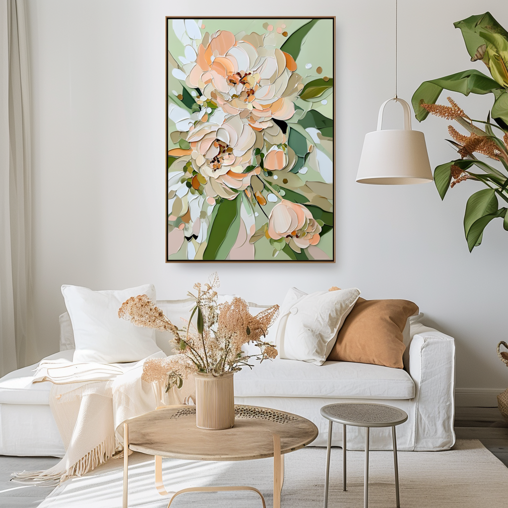 Flourishing Blooms-Soft Peach & Mint Green Peony Painting ,Framed Modern Floral Wall Art