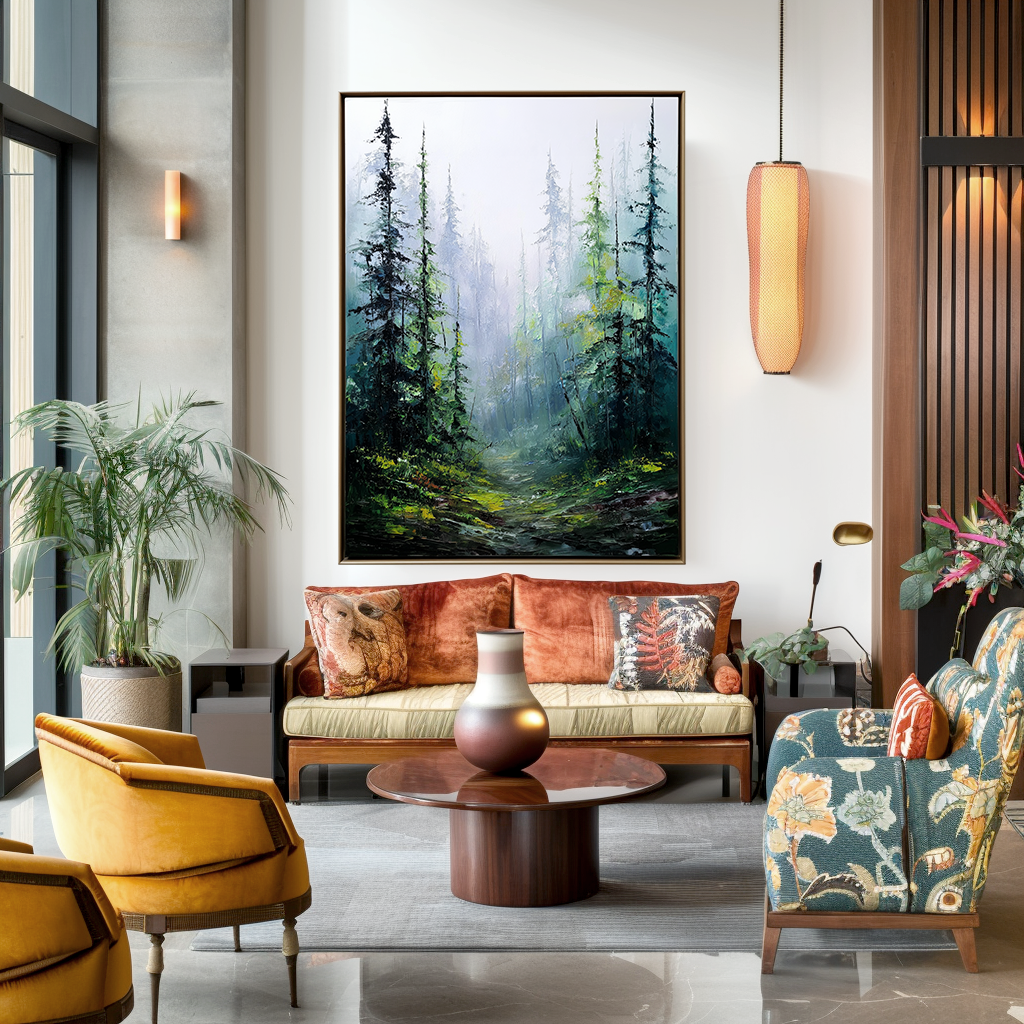 Forest Landscape Oil Painting - Large Nature Wall Art for Living Room