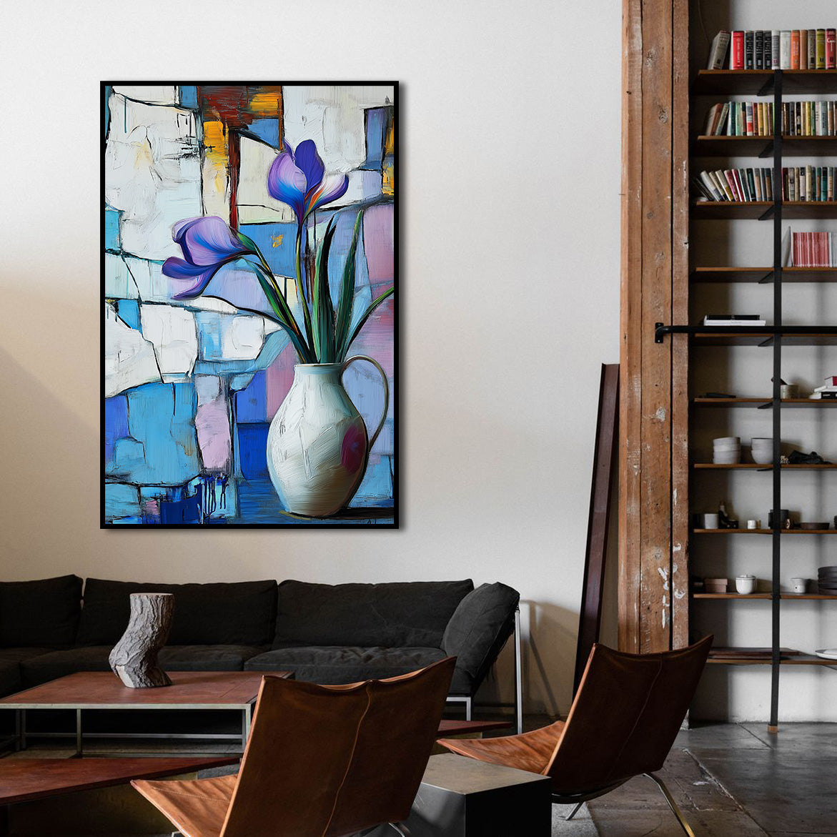 Framed Stillness - Purple Floral in White Jug – Modern Abstract Still Life Wall Art