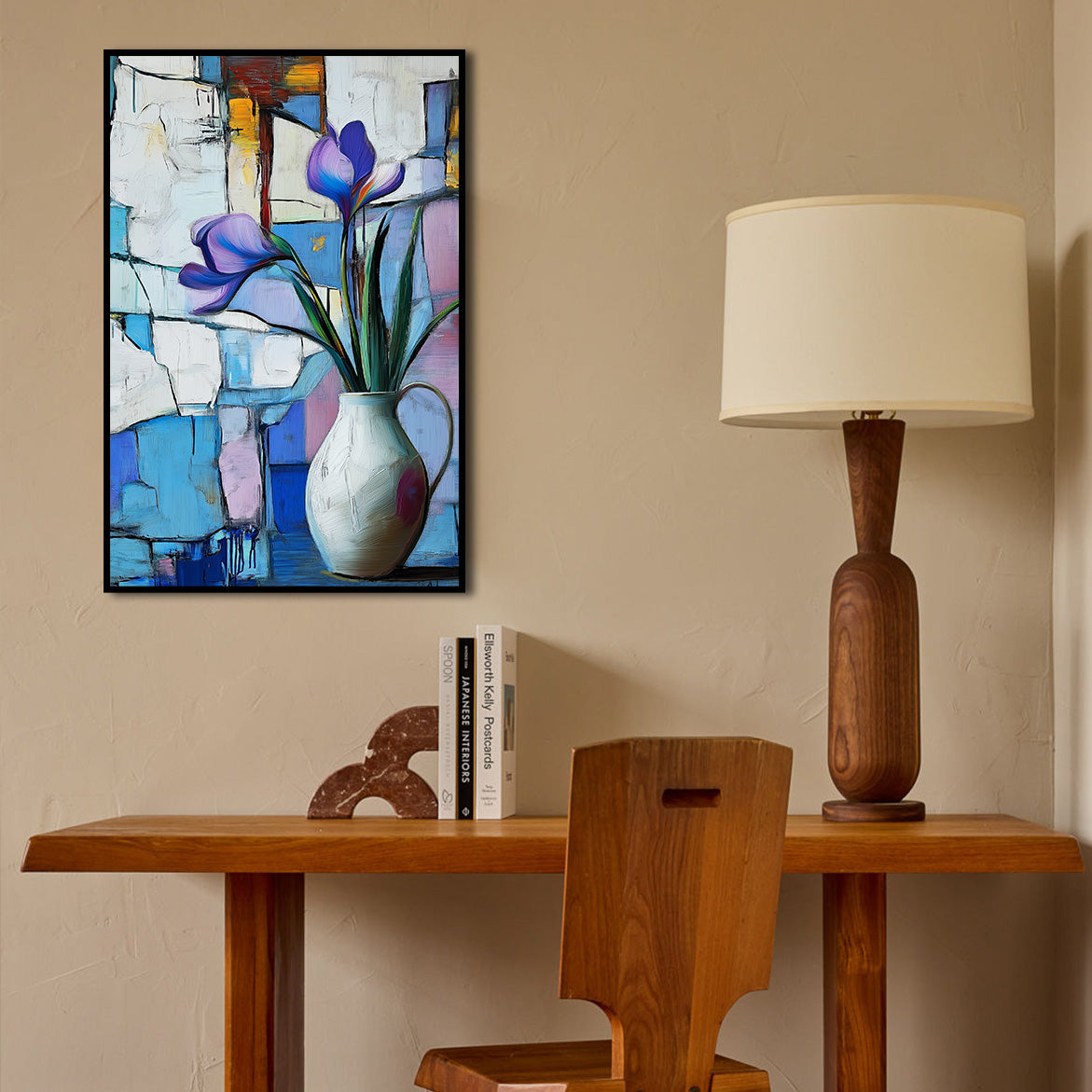 Framed Stillness - Purple Floral in White Jug – Modern Abstract Still Life Wall Art