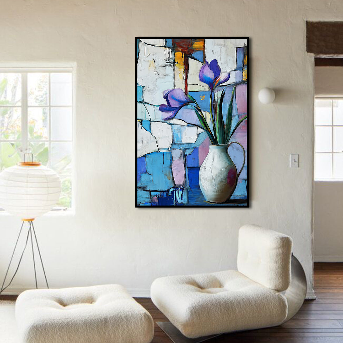 Framed Stillness - Purple Floral in White Jug – Modern Abstract Still Life Wall Art