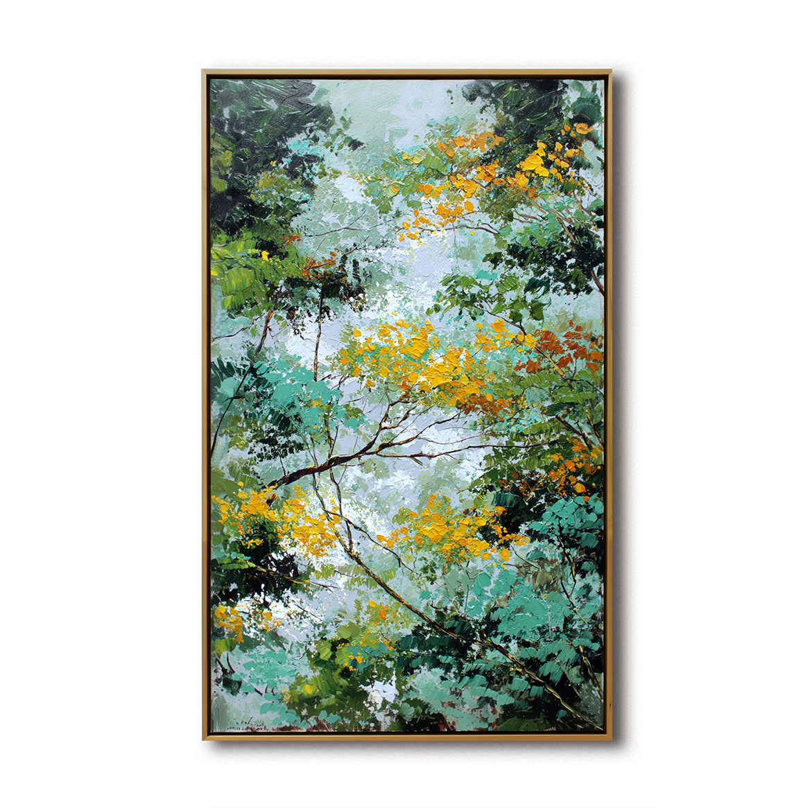 Abstract forest landscape painting with green foliage and golden highlights, vertical textured canvas wall art.