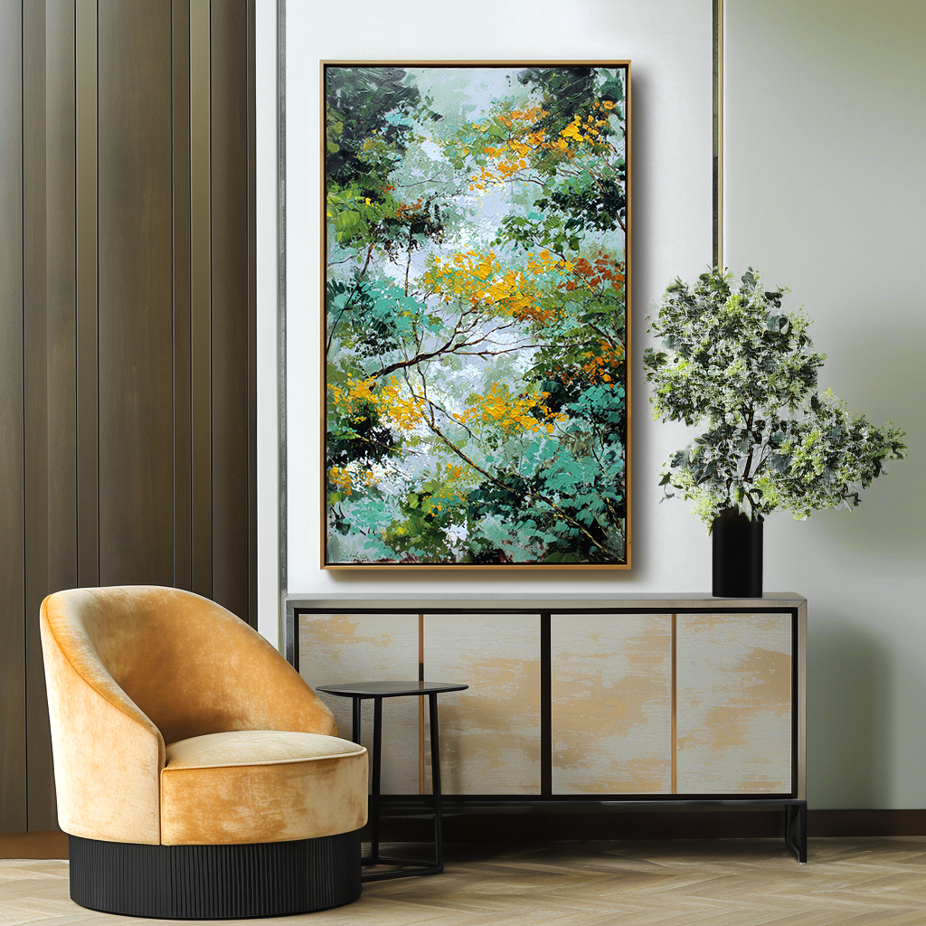 Golden Canopy – Impressionist Forest Tree Oil Painting: Vibrant Yellow Blossoms & Light, Filtered Nature Scene for Home Decor"