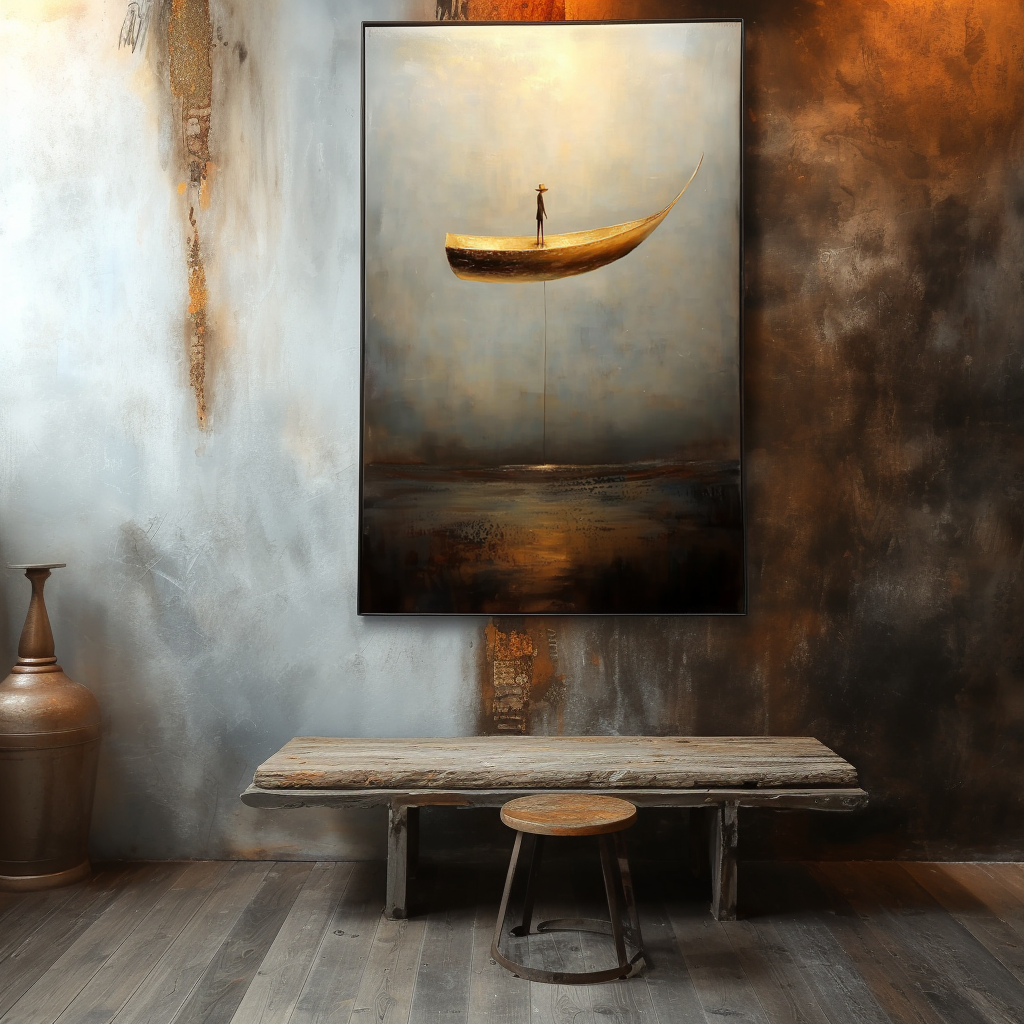 Landing Light – Surreal Floating Boat Painting Conceptual Minimalist Wall Art