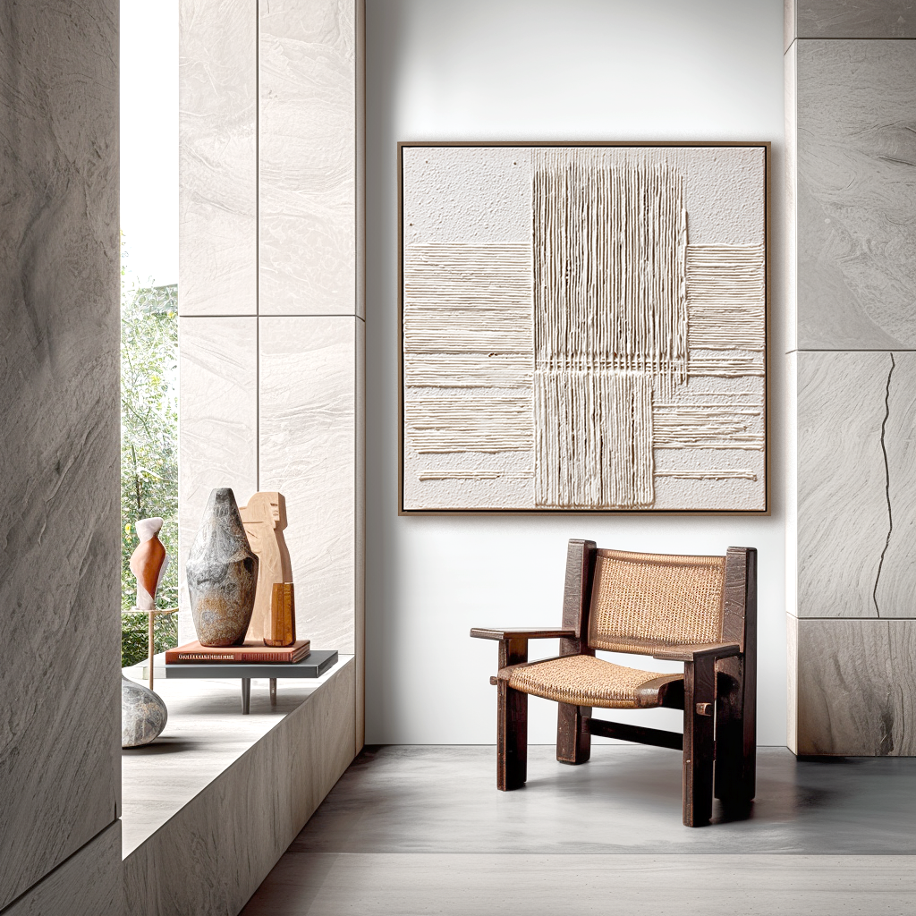 Minimalist Neutral Textured Wall Art – Vertical Line Abstract Canvas Painting
