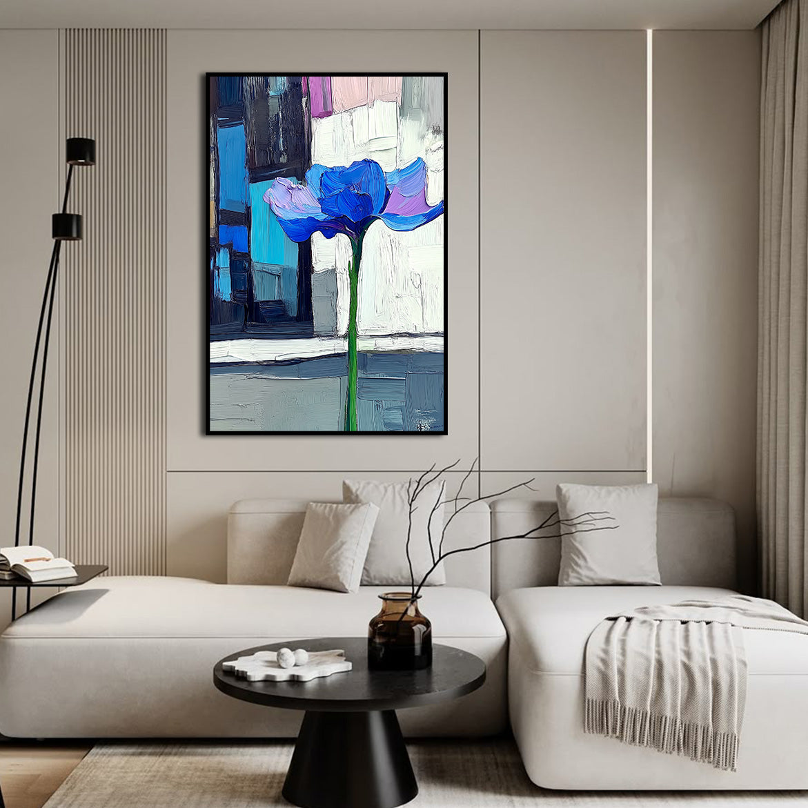 Modern Bloom - Blue Abstract Flower Painting Thick Textured Minimalist Wall Art
