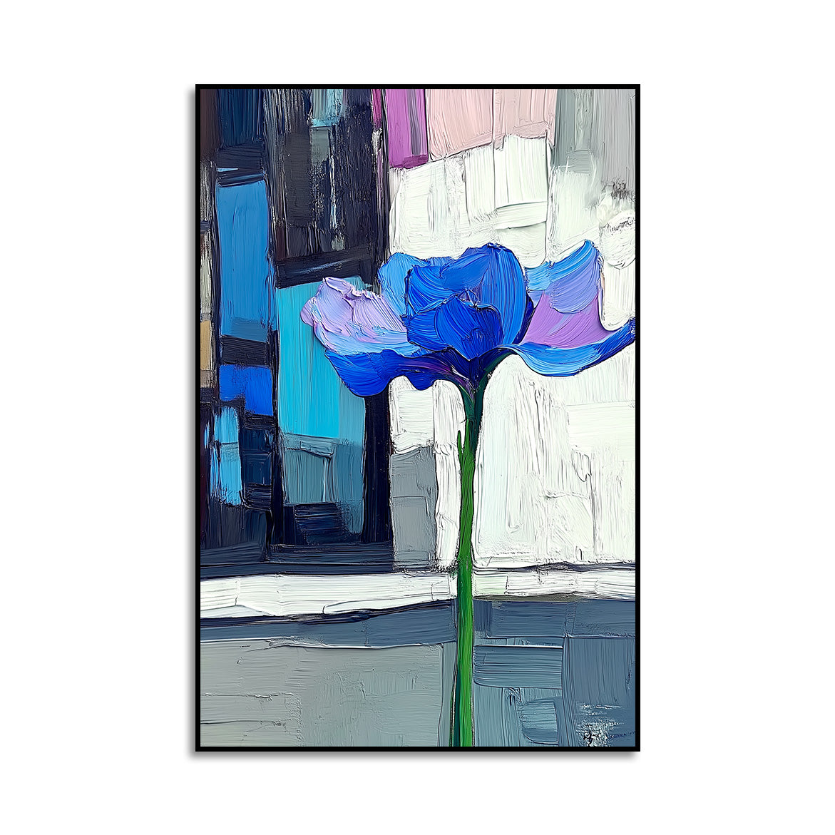 Bold blue abstract flower painting with thick textured brushstrokes, minimalist floral canvas wall art for modern interior decor.