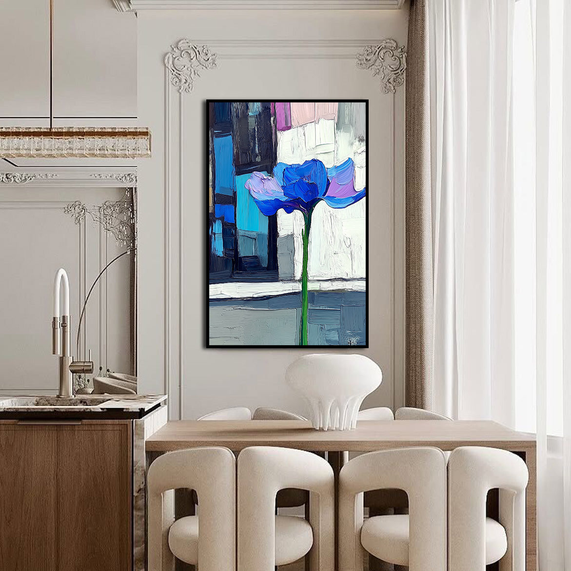 Modern Bloom - Blue Abstract Flower Painting Thick Textured Minimalist Wall Art
