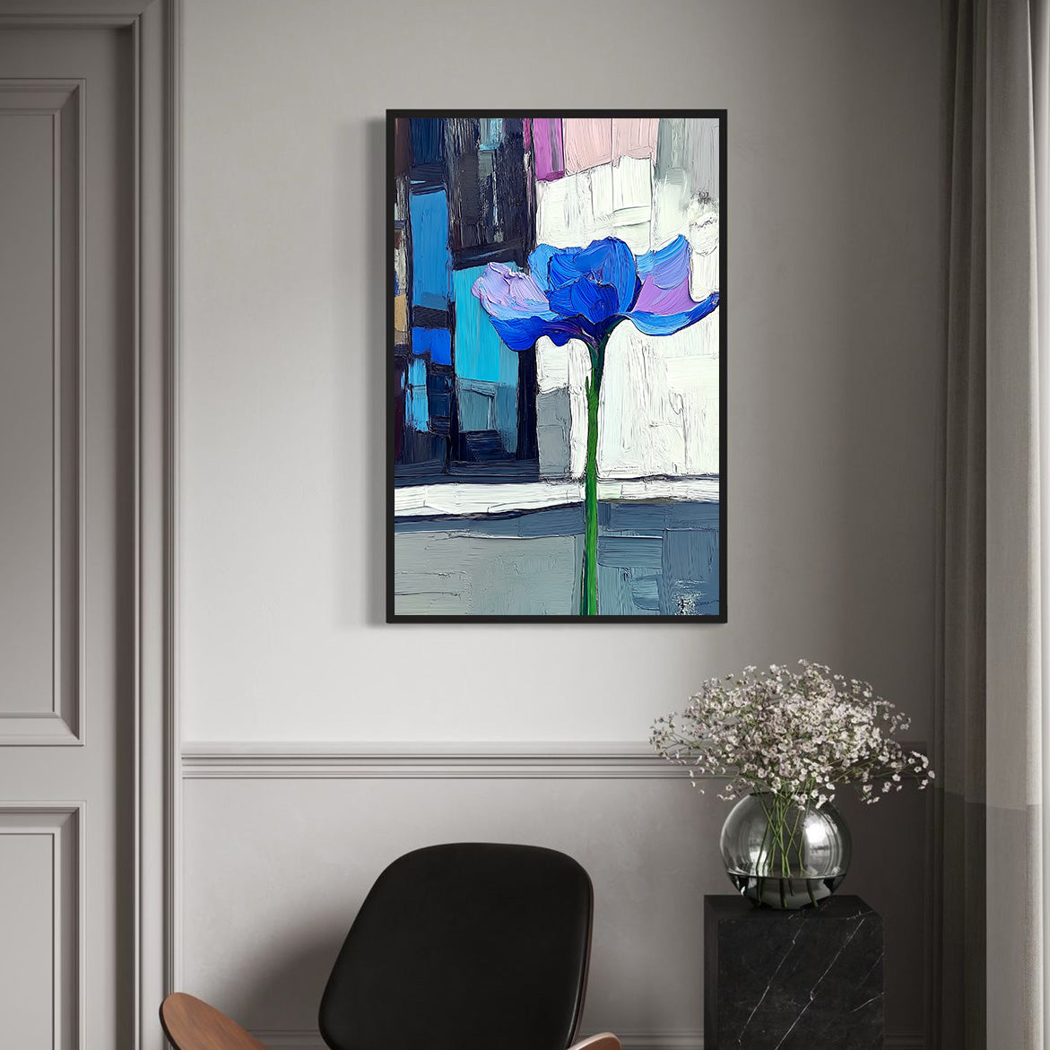 Modern Bloom - Blue Abstract Flower Painting Thick Textured Minimalist Wall Art