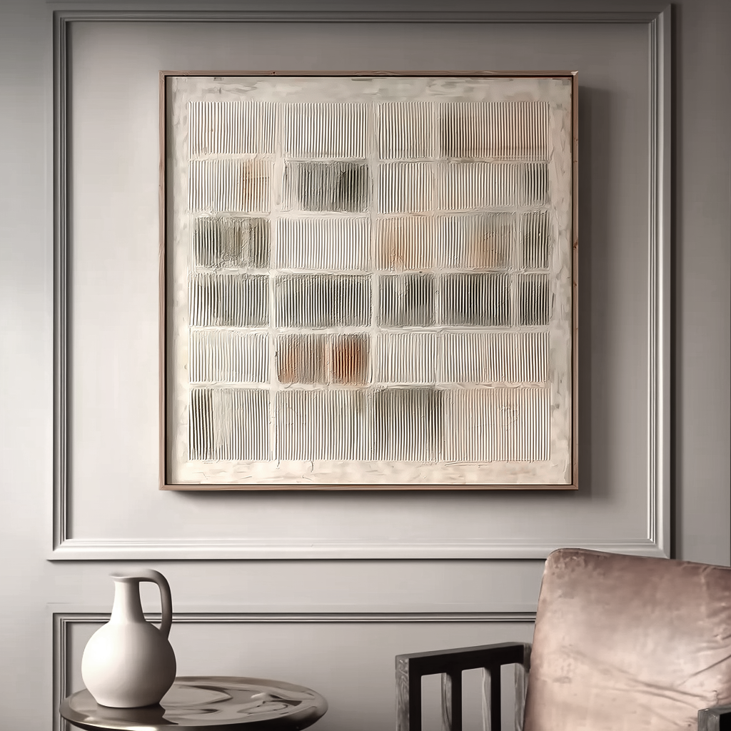 Modern Textured Grid Wall Art – Neutral Abstract Canvas Painting